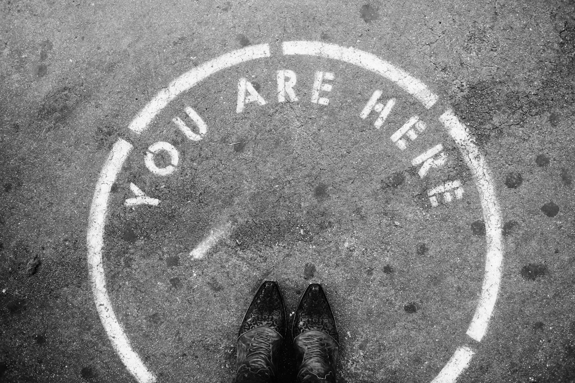 photo by Fallon Michael of a You Are Here circle painted on pavement